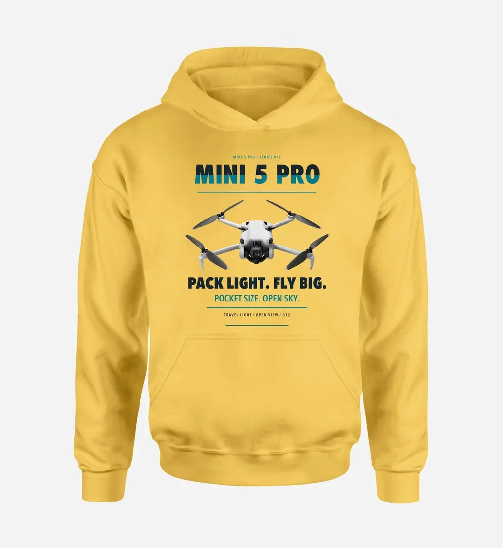 DJI Mini 5 Pro design on yellow hoodie single side
