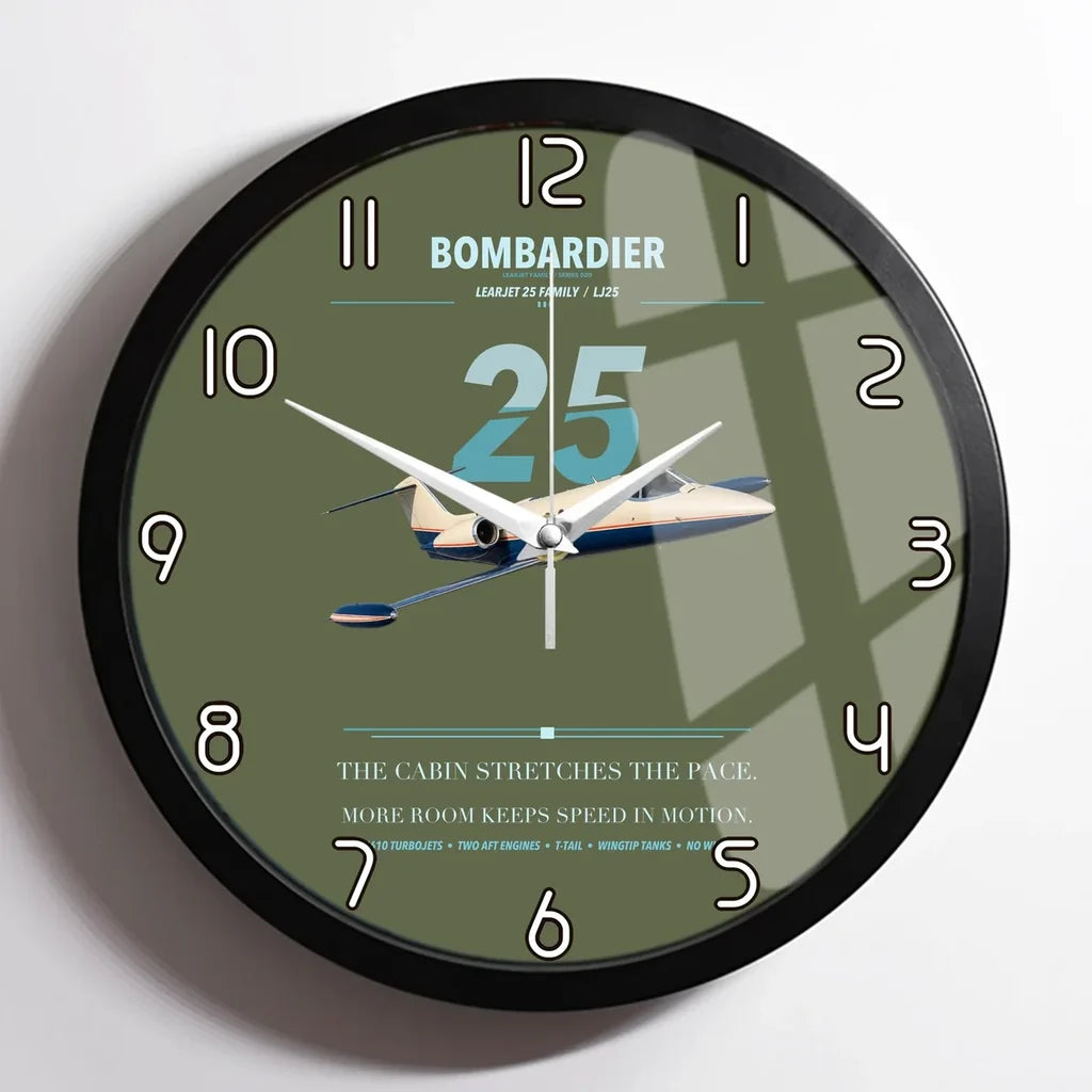 Bombardier Learjet 25 design on green army framed wall clock