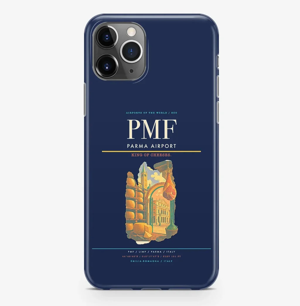 Parma Airport (PMF) design on navy blue iPhone 16 Pro MagSafe case