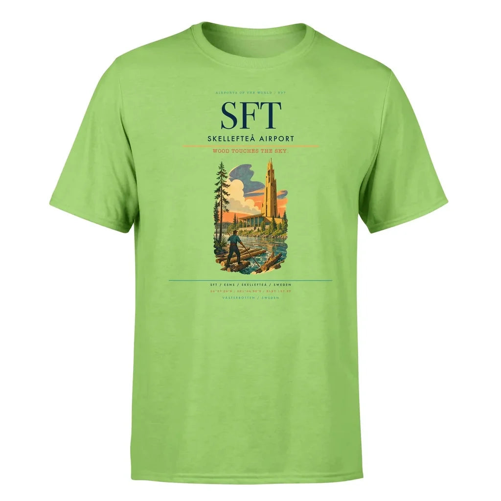 Skellefteå Airport (SFT) T-Shirt single-side front print in Light Green | skellefteå-airport-sft-double-side-t-shirt