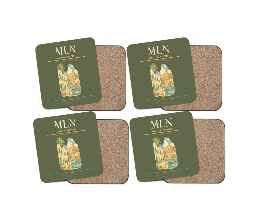Melilla Airport (MLN) design on green army 4 pieces set coaster