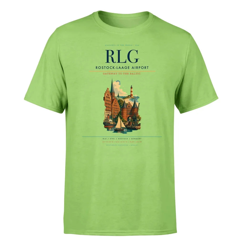 Rostock-Laage Airport (RLG) T-Shirt single-side front print in Light Green | rostock-laage-airport-rlg-double-side-t-shirt