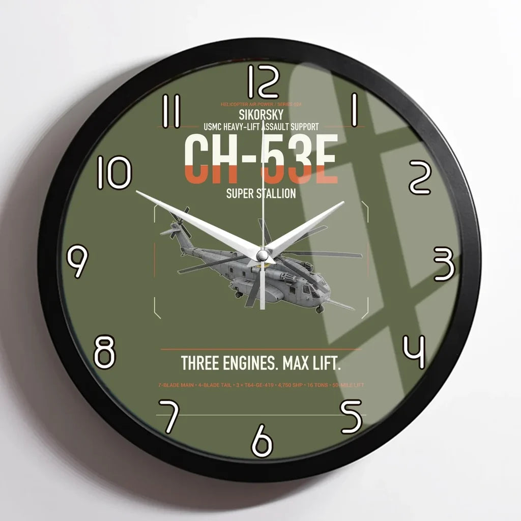Sikorsky CH-53E Super Stallion design on green army framed wall clock