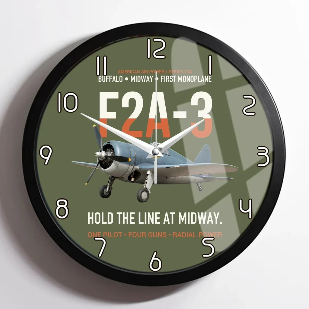 F2A-3 Buffalo Hold the Line at Midway design on green army framed wall clock