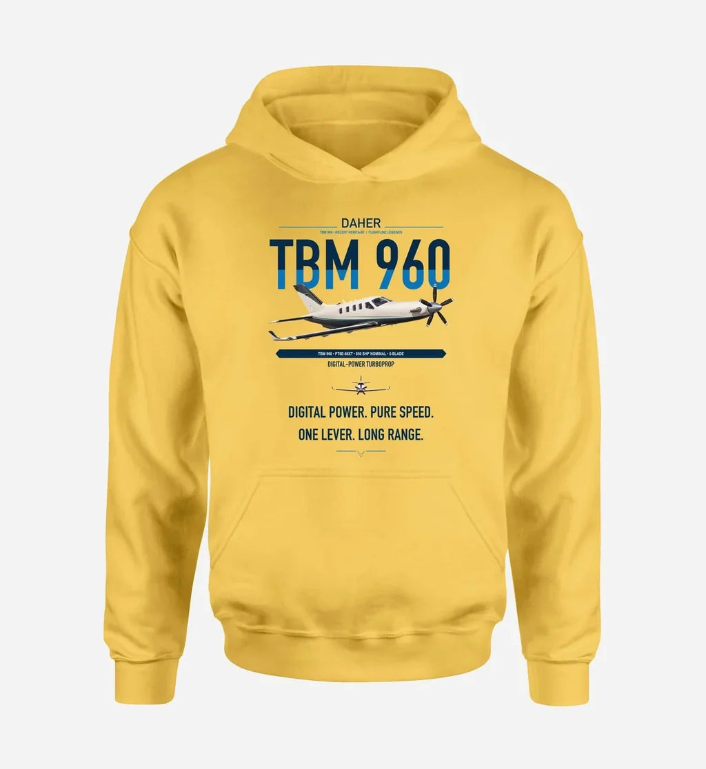 Daher TBM 960 design on yellow double-side hoodie, single-side print