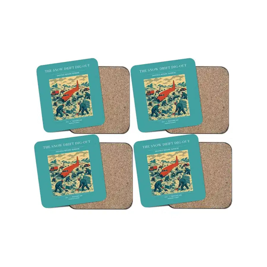 The Snow Drift Dig-Out - Designed Coasters design on turquoise 4-pieces-set
