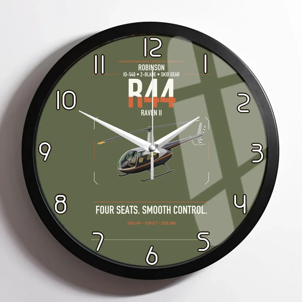 Robinson R44 Raven II design on green army framed wall clock