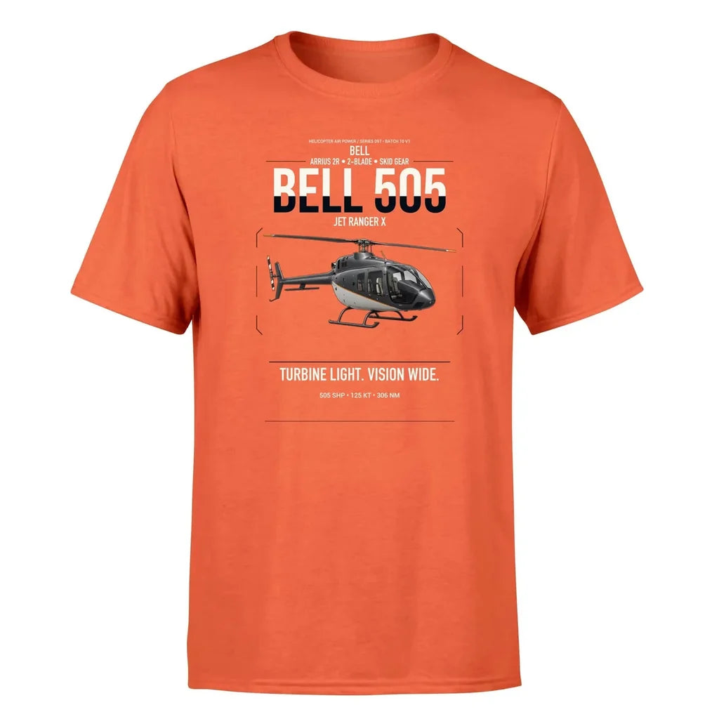 Bell 505 Jet Ranger X design on orange t-shirt, single-side print