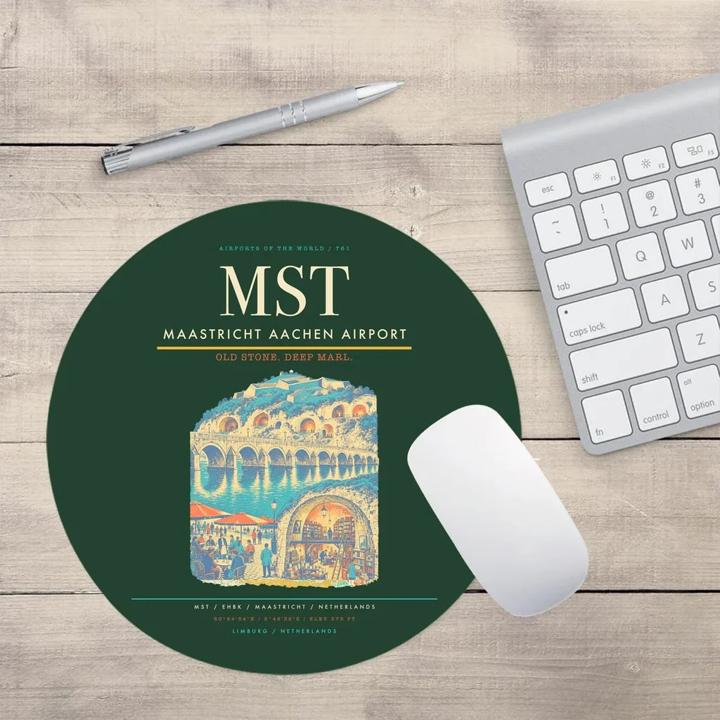 Maastricht Aachen Airport (MST) design on dark green round mouse pad