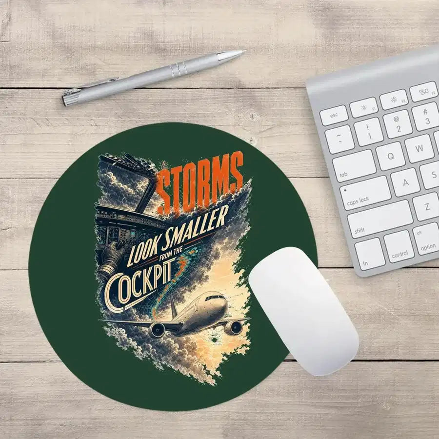 Storms Look Smaller From The Cockpit design on dark green round mouse pad
