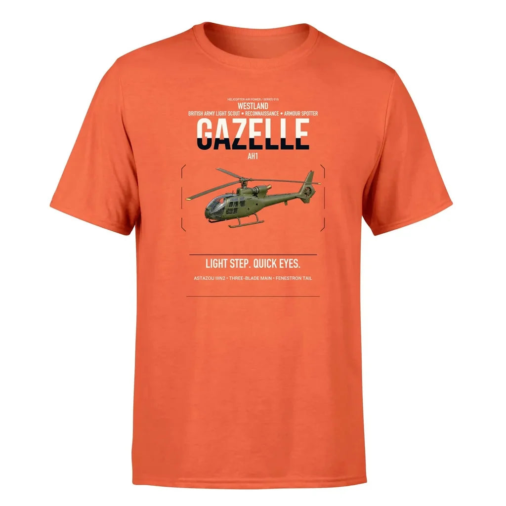 Westland Gazelle AH1 design on orange t-shirt, single-side print