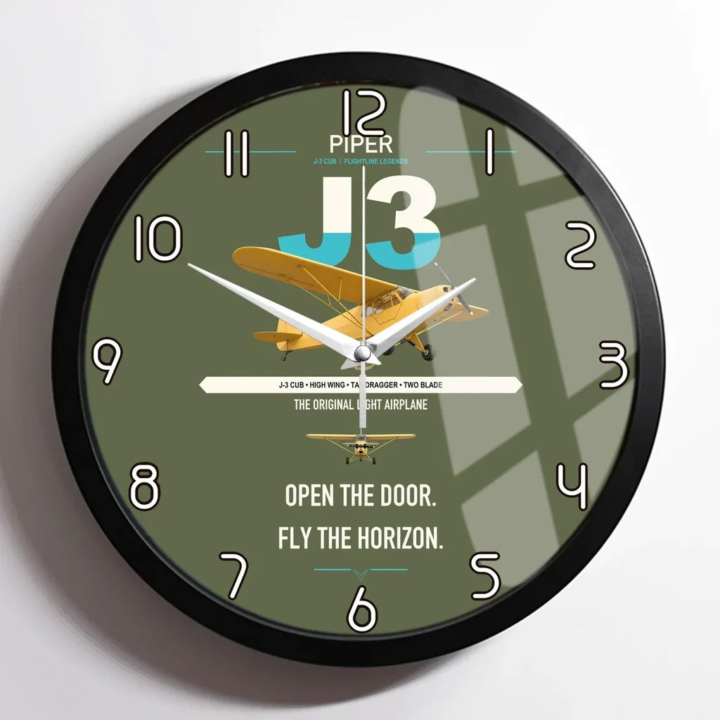 Piper J-3 Cub design on green army framed wall clock