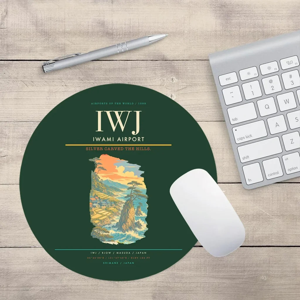 Iwami Airport (IWJ) design on dark green round mouse pad