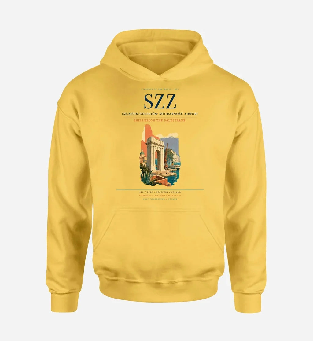 Szczecin-Goleniów Solidarność Airport (SZZ) design on yellow hoodie single-side print