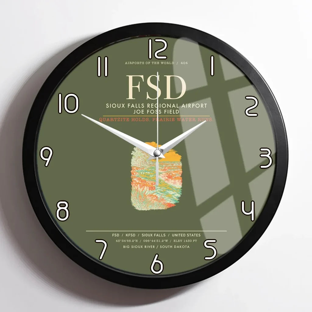 Sioux Falls Regional Airport Joe Foss Field (FSD) design on green army framed wall clock
