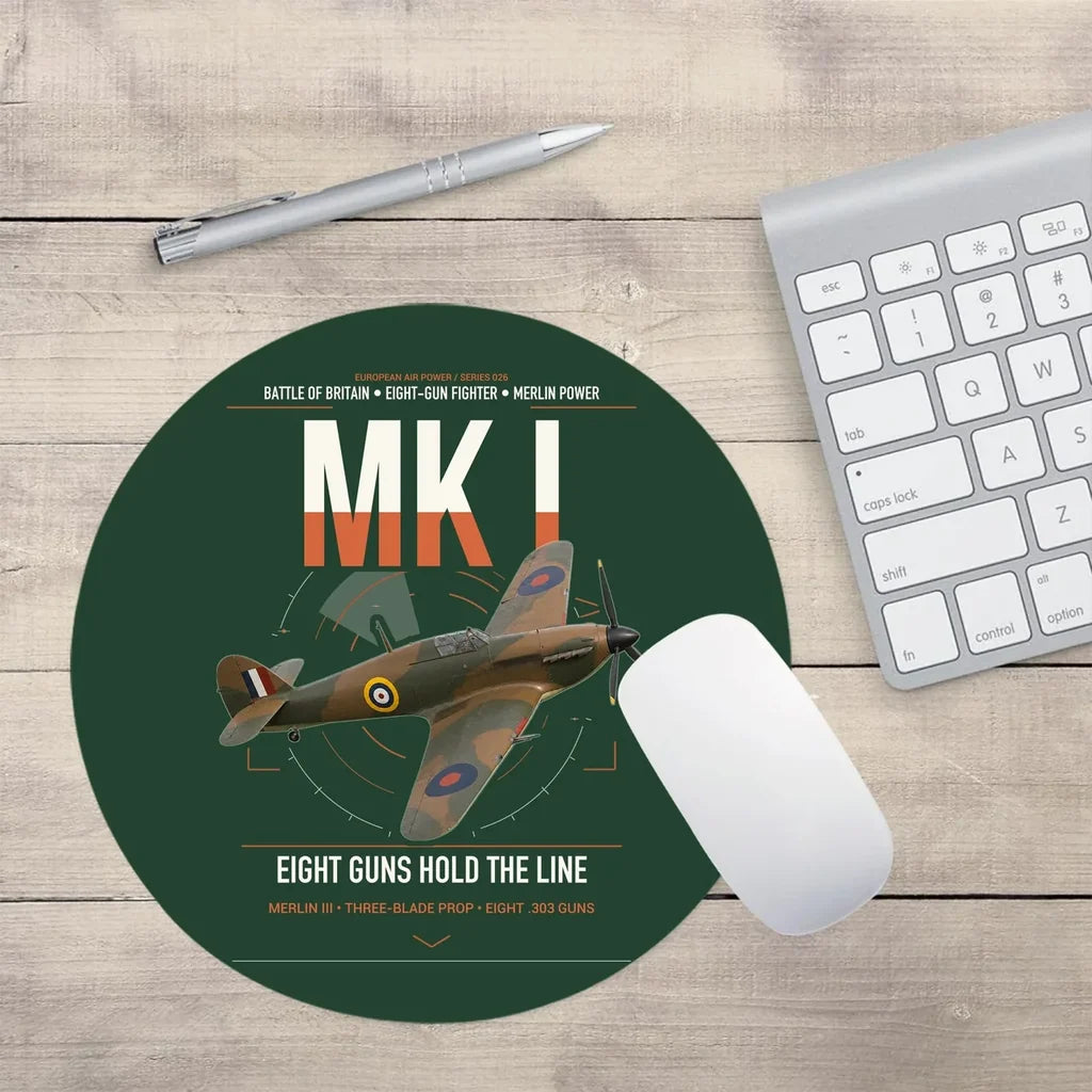 Hawker Hurricane Mk I design on dark green round mouse pad