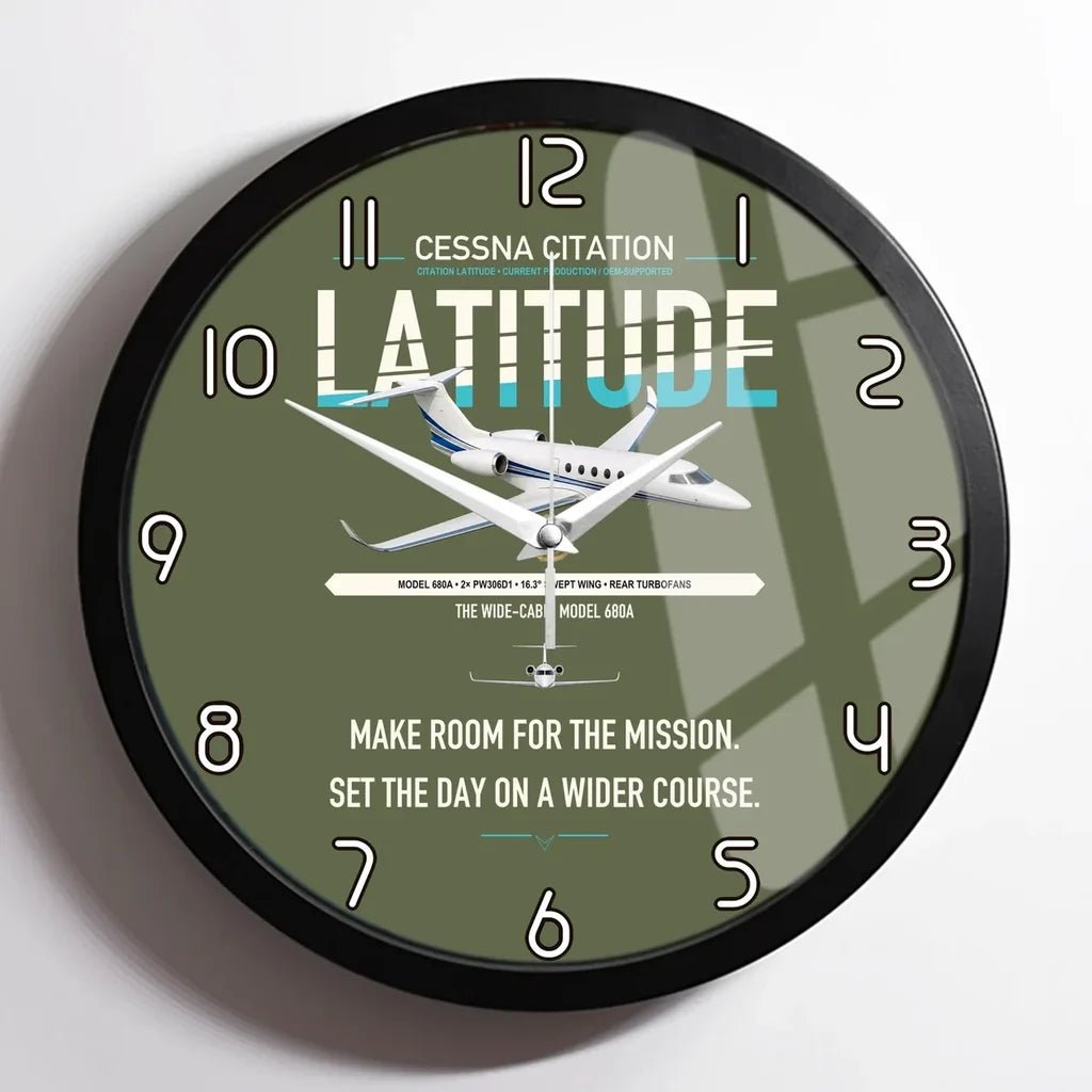 Cessna Citation Latitude design on green army framed wall clock