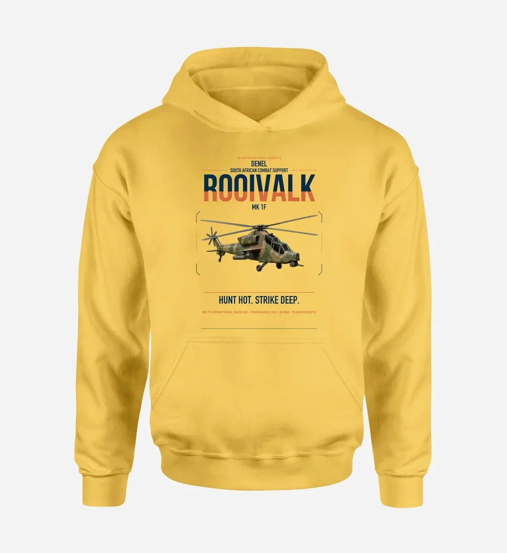 Denel Rooivalk Mk 1F design on yellow double-side hoodie, single-side print