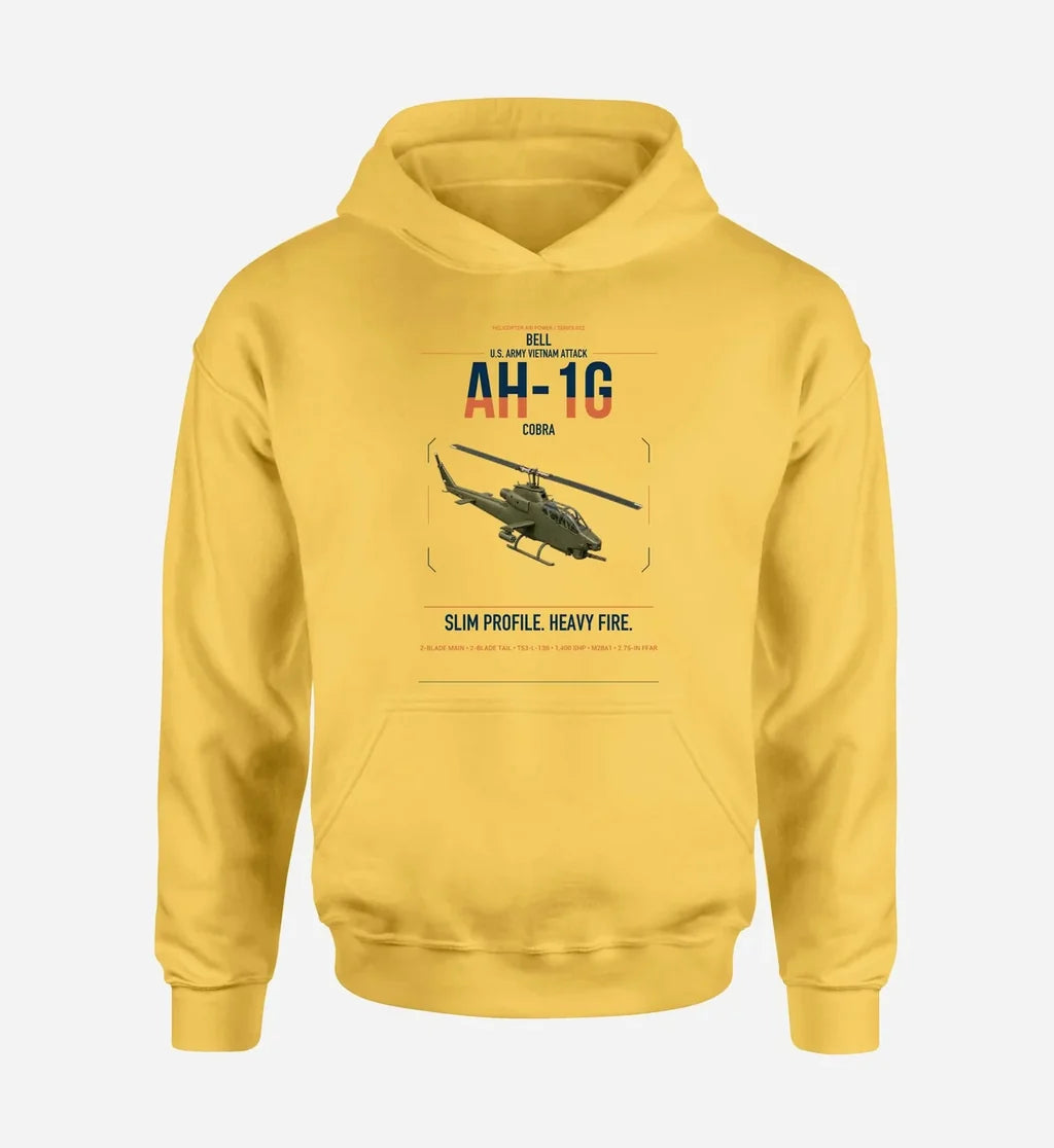 Bell AH-1G Cobra design on yellow double-side hoodie, single-side print