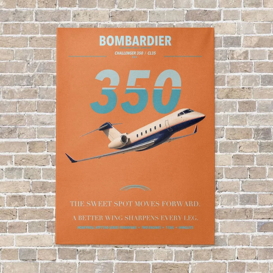 Bombardier Challenger 350 vertical canvas print - no frame - orange background