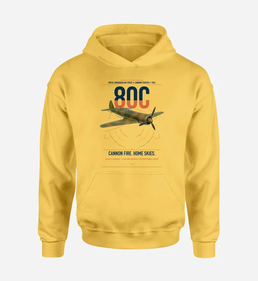 IAR 80C design on yellow double-side hoodie, single-side print