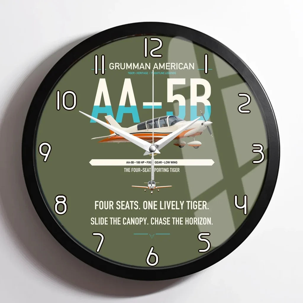 Grumman American AA-5B Tiger design on green army framed wall clock