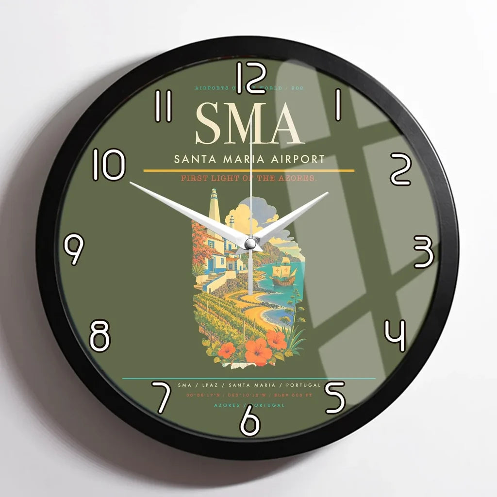 Santa Maria Airport (SMA) design on green army framed wall clock