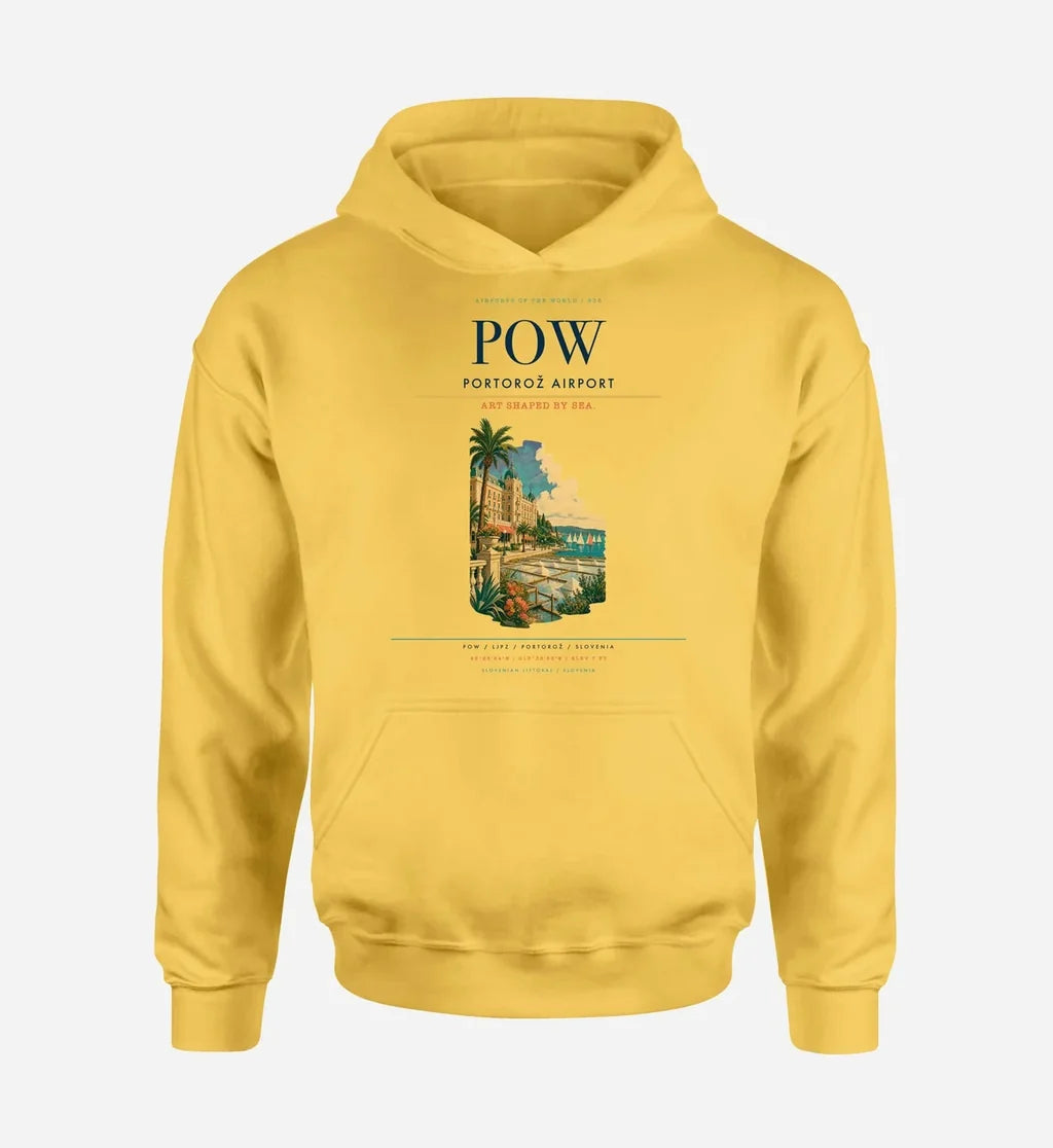 Portorož Airport (POW) design on yellow hoodie single-side print