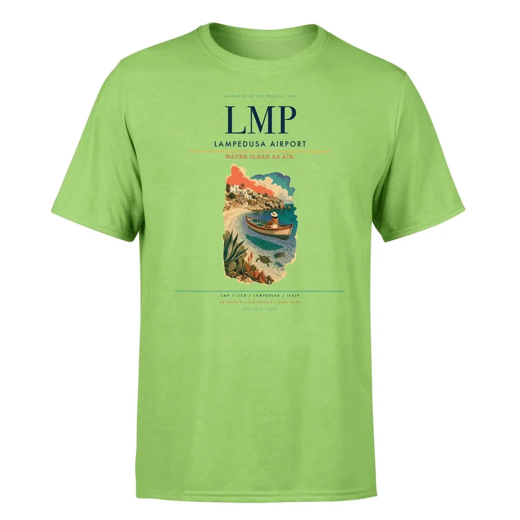 Lampedusa Airport (LMP) T-Shirt single-side front print in Light Green | lampedusa-airport-lmp-double-side-t-shirt