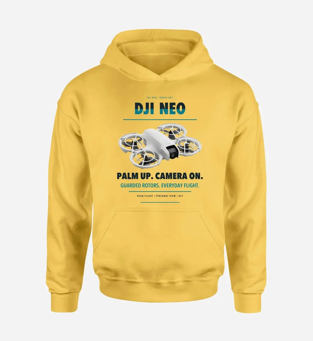 DJI Neo design on yellow hoodie single side