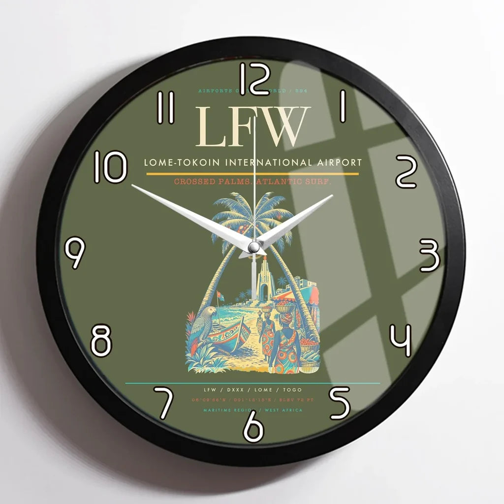 Lome-Tokoin International Airport (LFW) design on green army framed wall clock