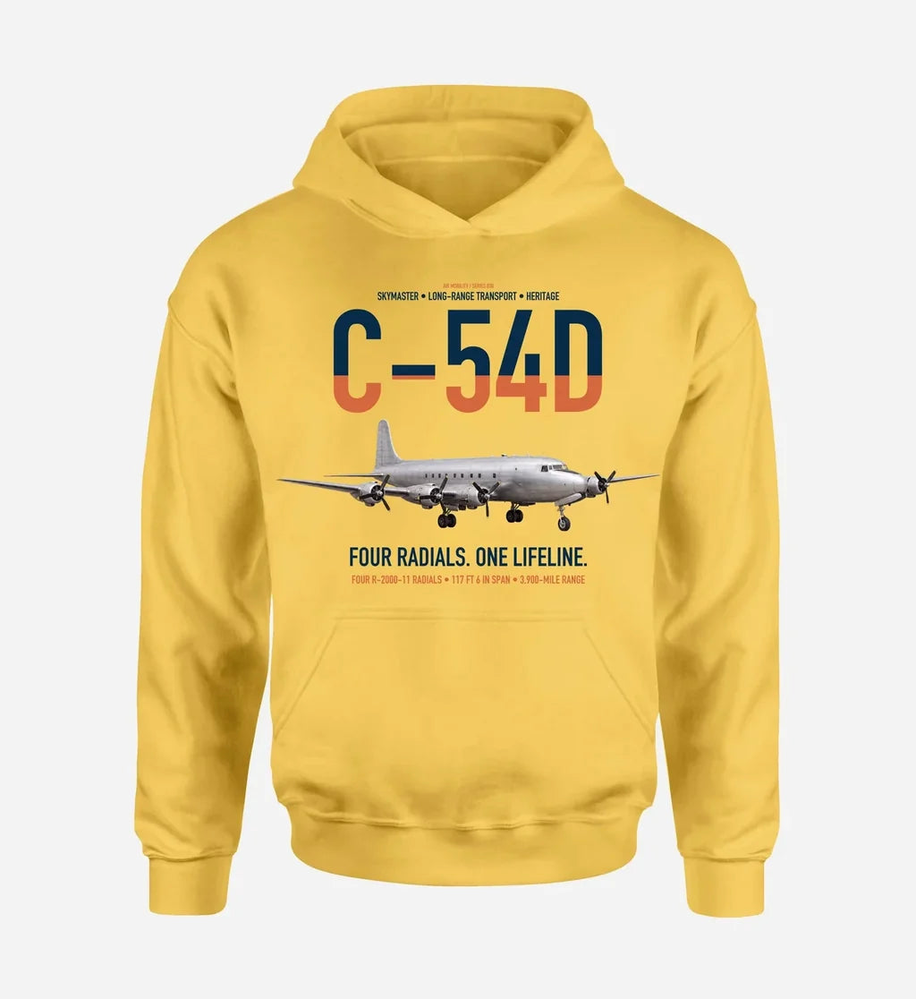 C-54D Skymaster design on yellow double-side hoodie, single-side print
