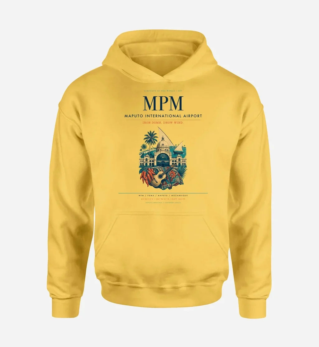 Maputo International Airport (MPM) design on yellow hoodie single-side print