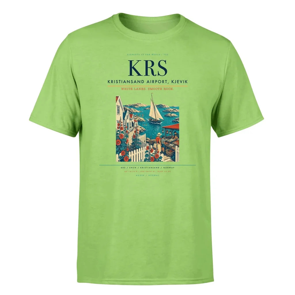 Kristiansand Airport, Kjevik (KRS) T-Shirt single-side front print in Light Green | kristiansand-airport-kjevik-krs-double-side-t-shirt