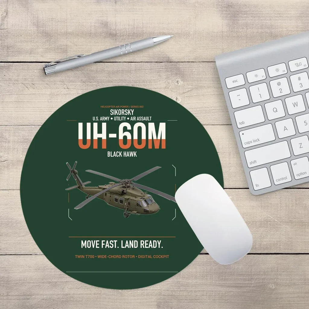 Sikorsky UH-60M Black Hawk design on dark green round mouse pad