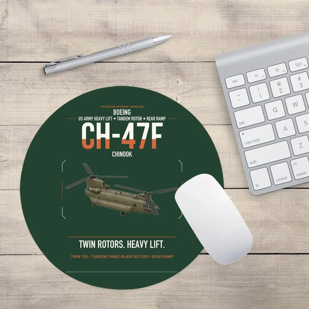 Boeing CH-47F Chinook design on dark green round mouse pad