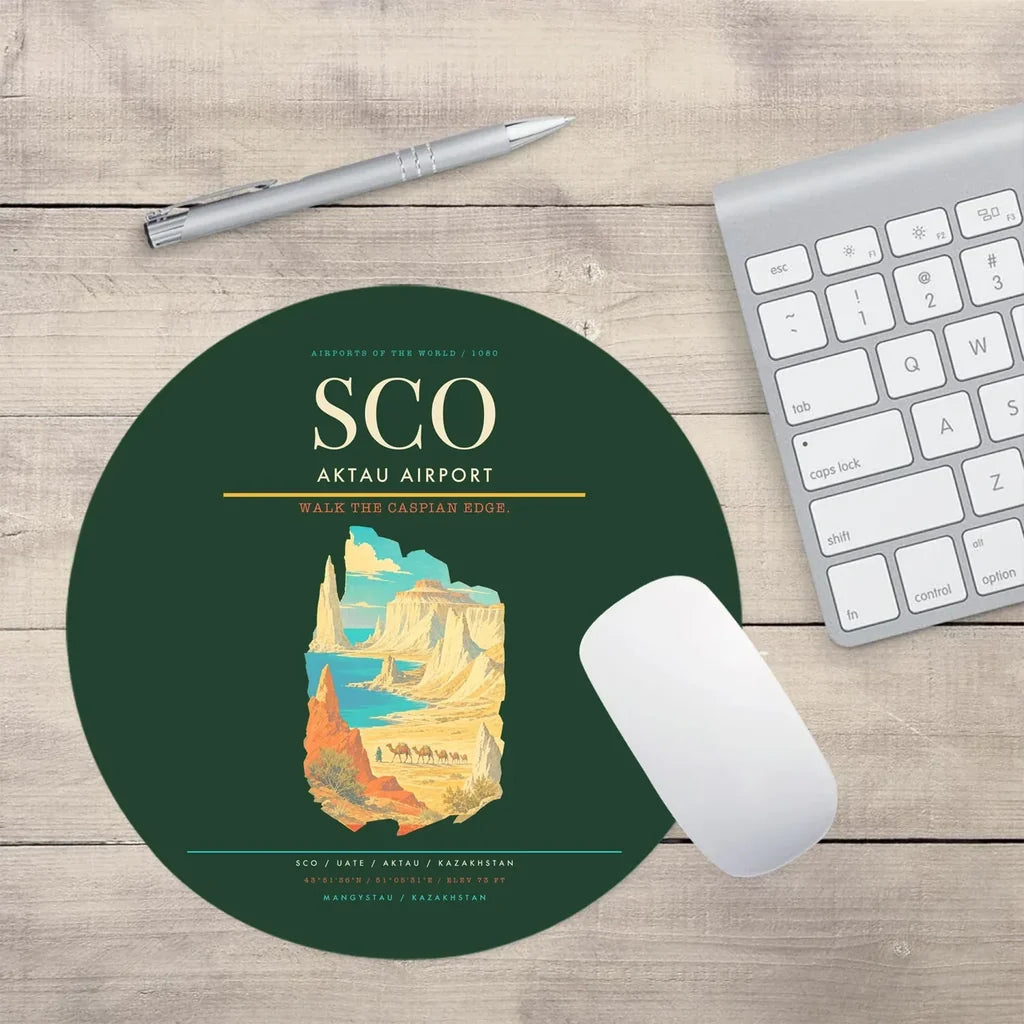 Aktau Airport (SCO) design on dark green round mouse pad