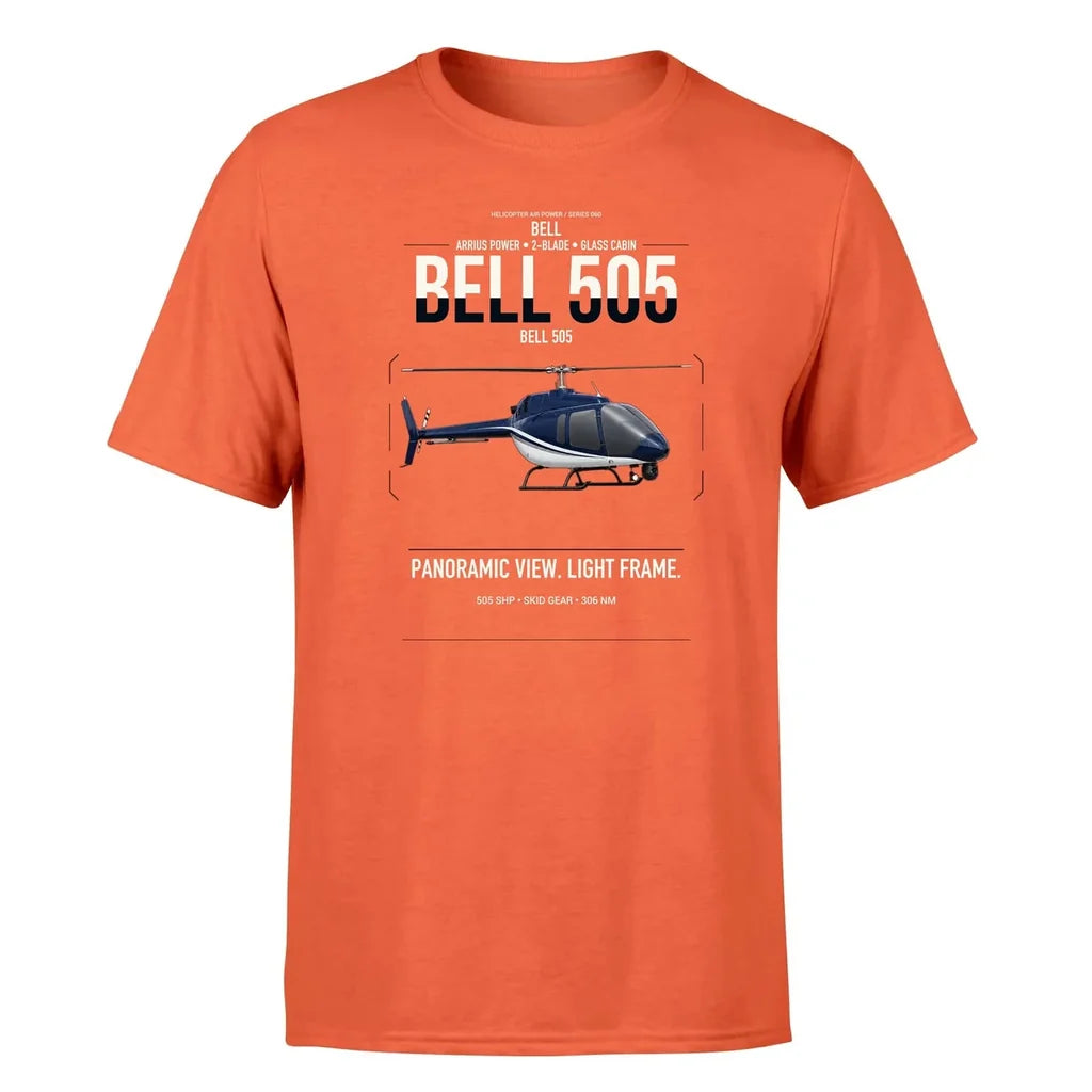 Bell 505 design on orange t-shirt, single-side print