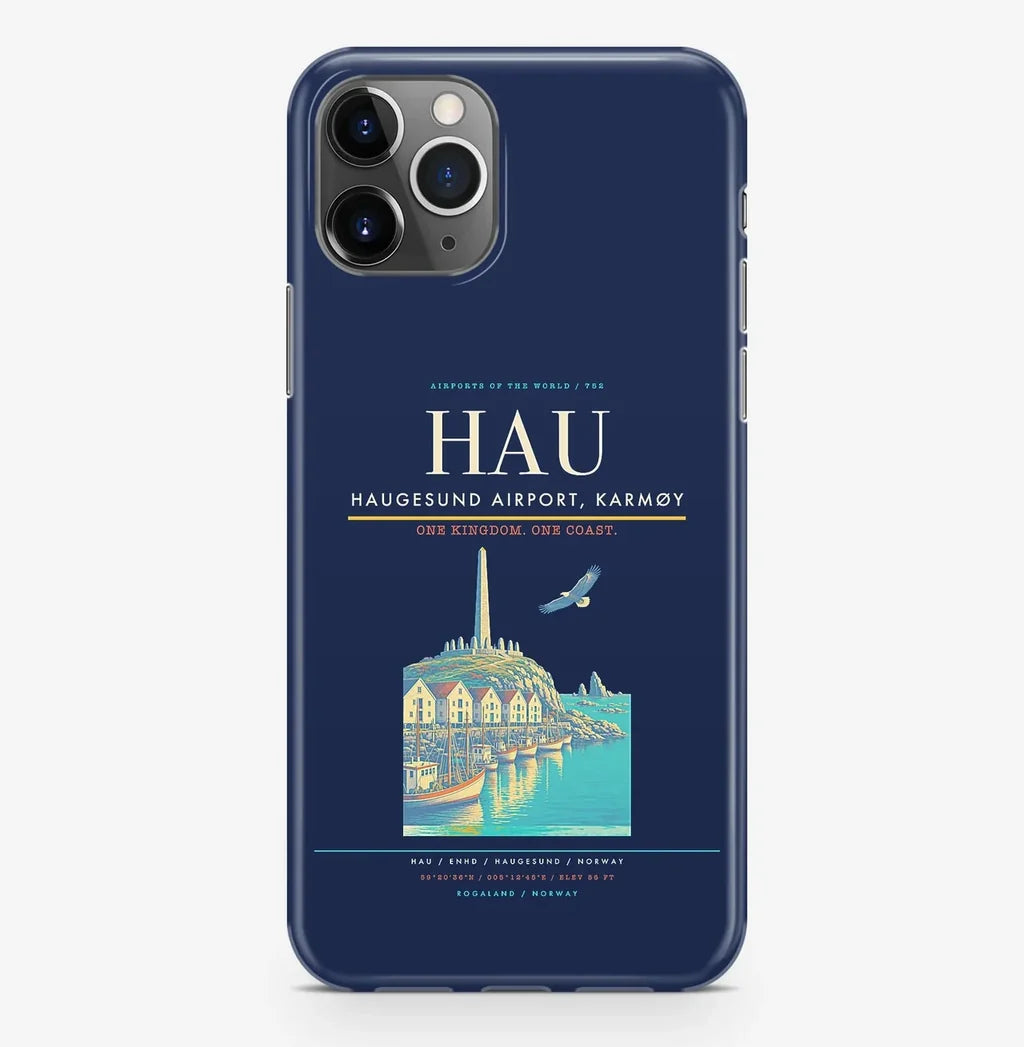 Haugesund Airport (HAU) design on navy blue iPhone 16 Pro MagSafe case