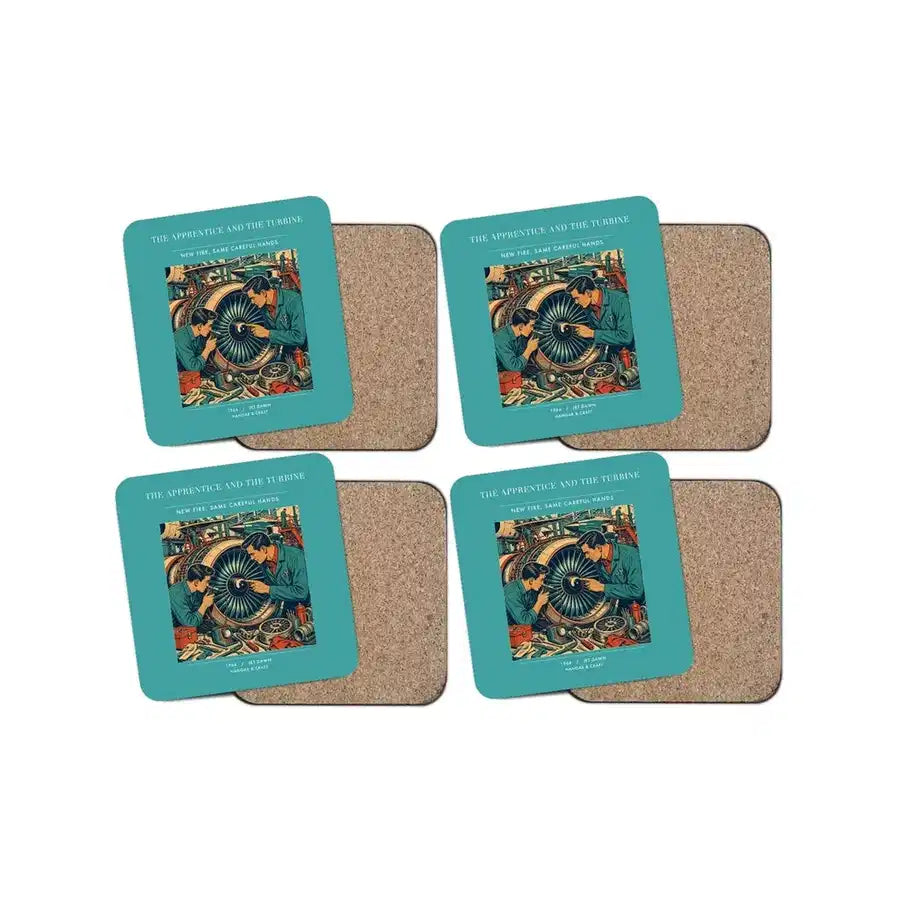 The Apprentice And The Turbine - Designed Coasters design on turquoise 4-pieces-set