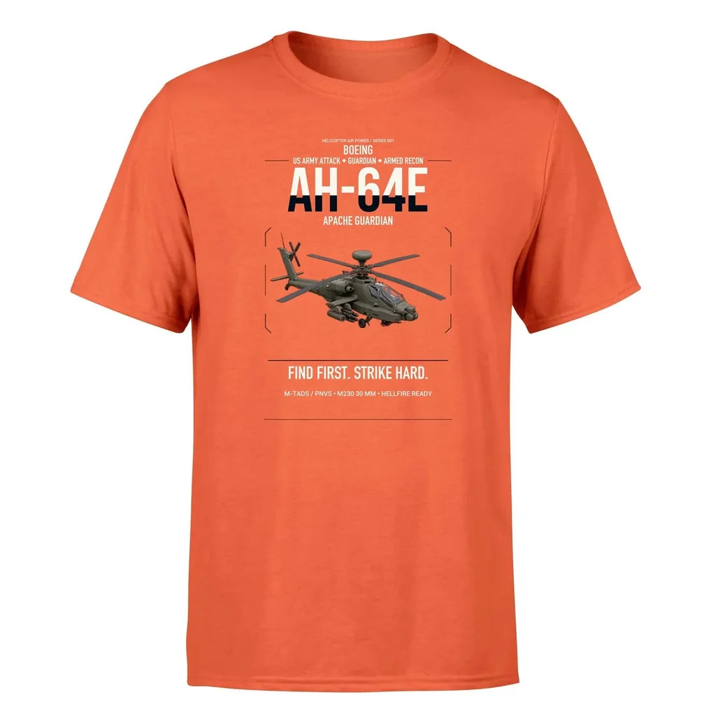 Boeing AH-64E Apache Guardian design on orange t-shirt, single-side print