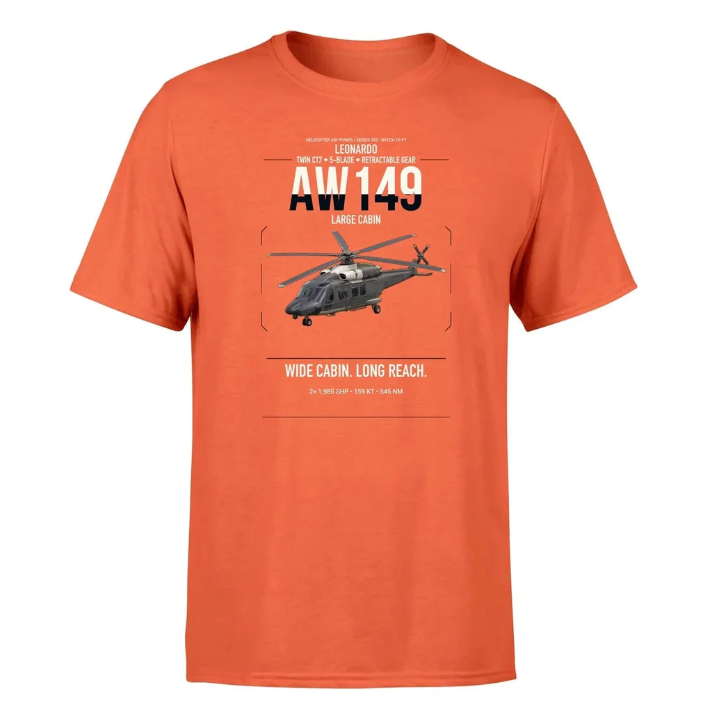 Leonardo AW149 design on orange t-shirt, single-side print