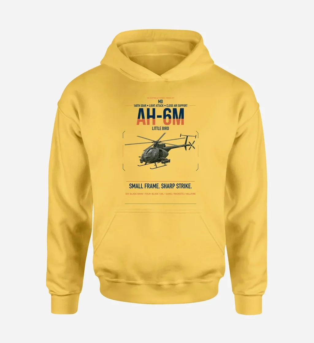 MD AH-6M Little Bird design on yellow double-side hoodie, single-side print
