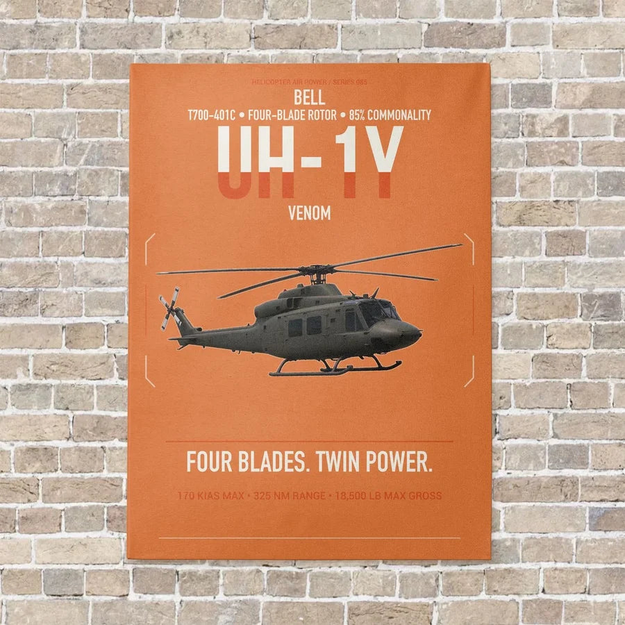 Bell UH-1Y Venom vertical canvas print - no frame - orange background