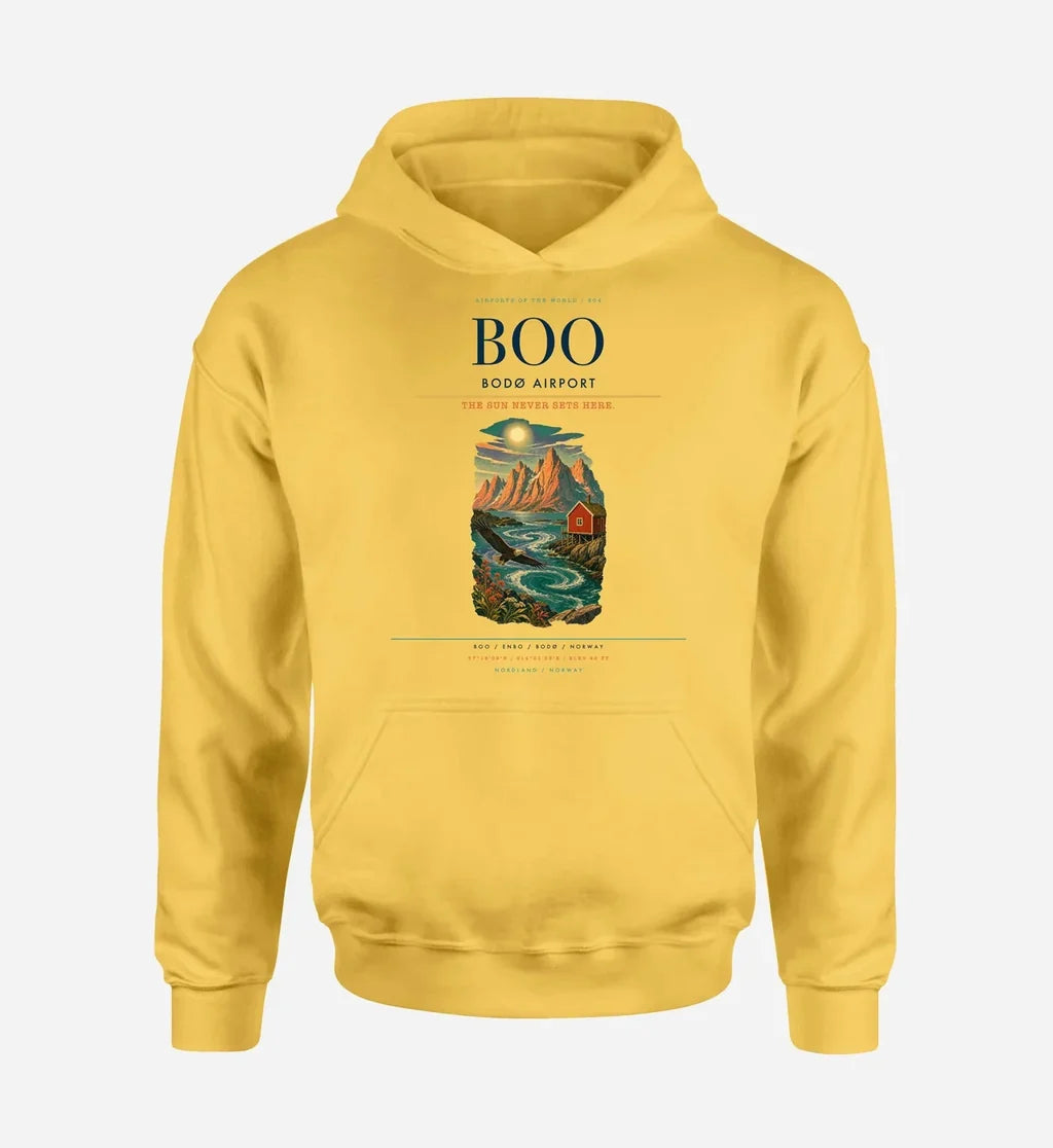 Bodø Airport (BOO) design on yellow hoodie single-side print