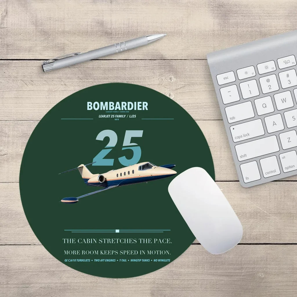 Bombardier Learjet 25 design on dark green round mouse pad