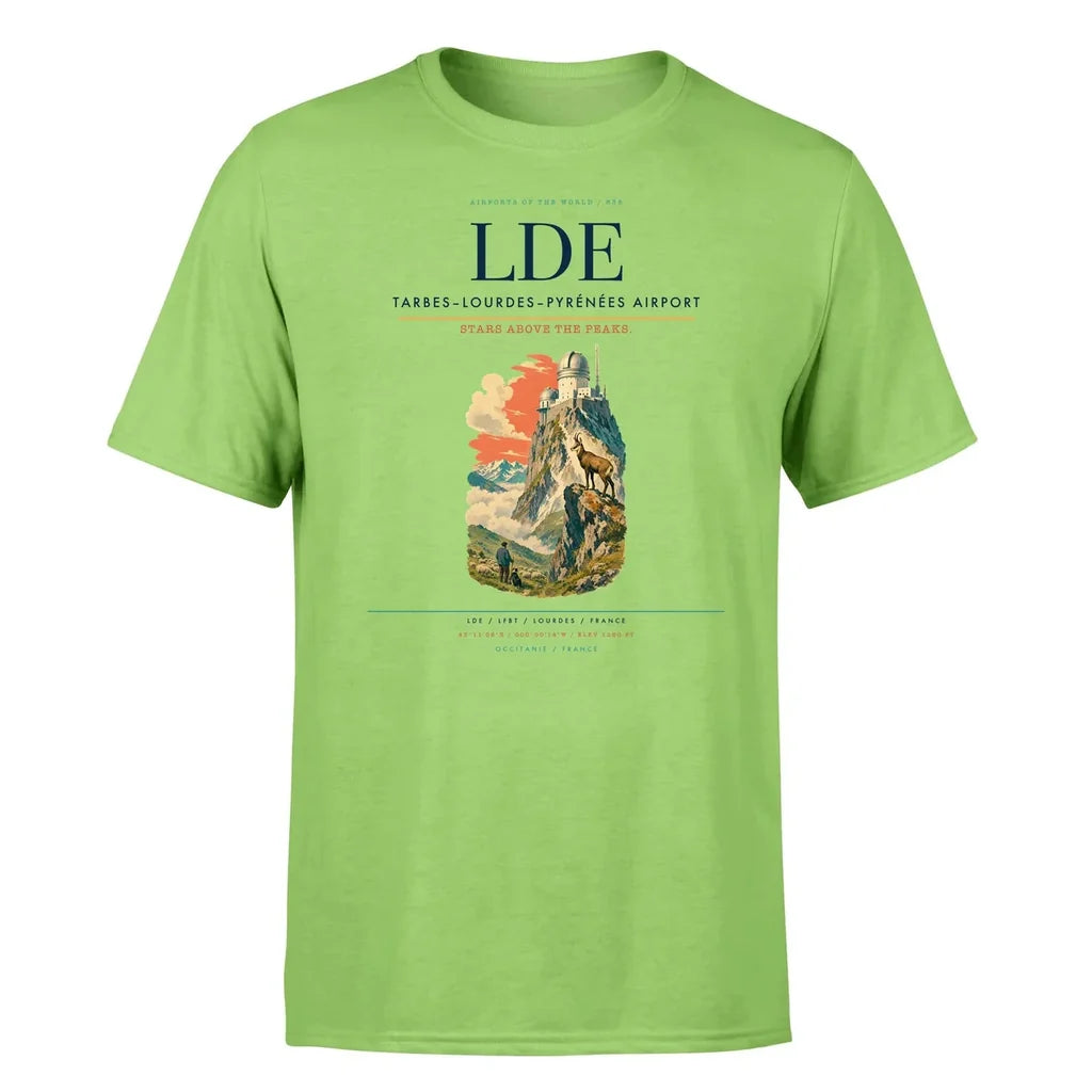 Tarbes–Lourdes–Pyrénées Airport (LDE) T-Shirt single-side front print in Light Green | tarbeslourdespyrénées-airport-lde-double-side-t-shirt