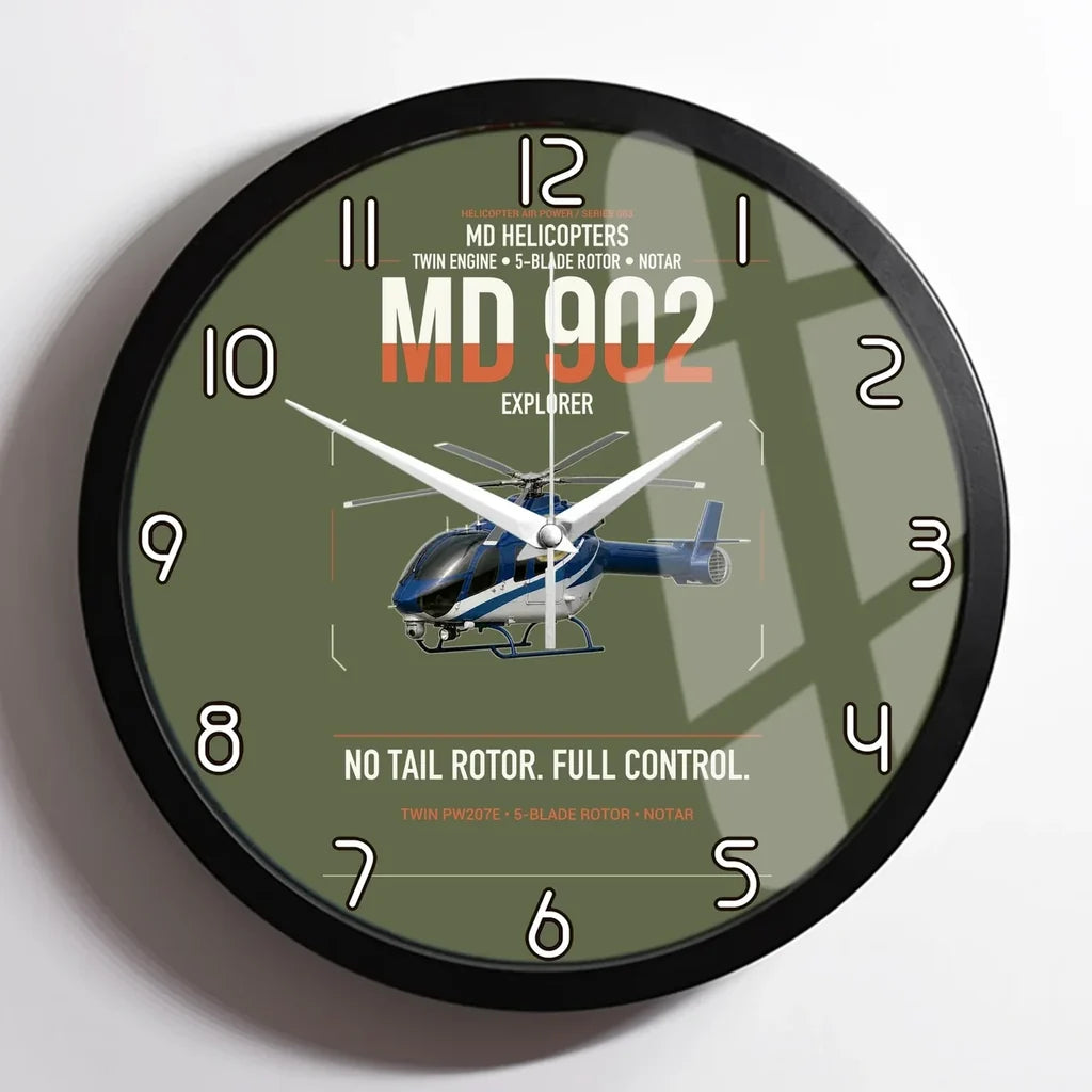 MD Helicopters MD 902 Explorer design on green army framed wall clock