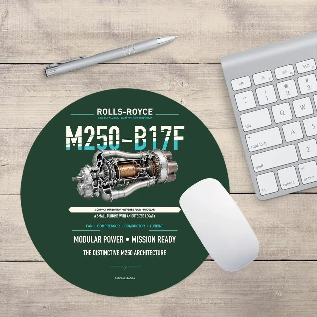 M250-B17F design on dark green round mouse pad