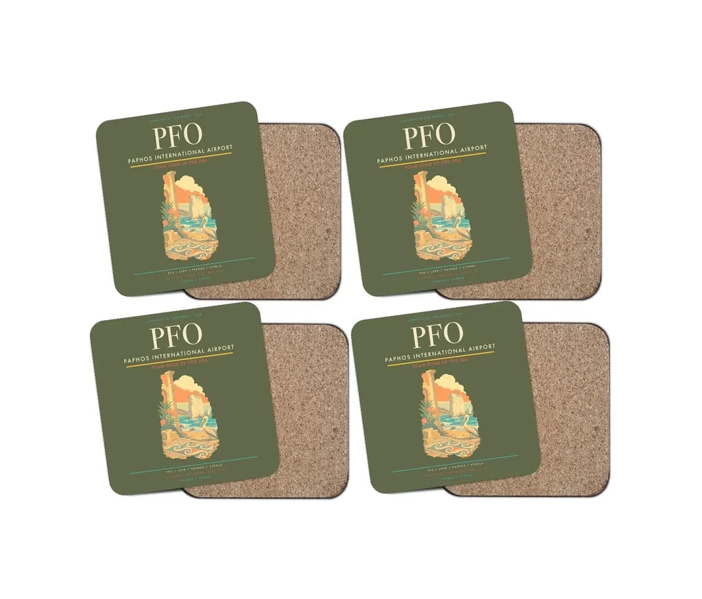 Paphos International Airport (PFO) design on green army 4 pieces set coaster